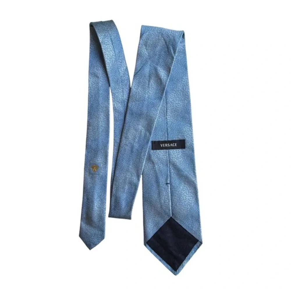 Vintage Versace Light Blue Silk Medusa Logo Textured Jacquard Tie Made in Italy